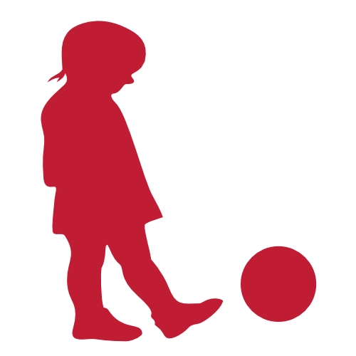 Rote Silhouette eines Mädchens, das mit einem Ball spielt, in einfacher und klarer Form dargestellt.