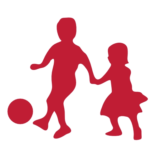 Rote Silhouetten von zwei Kindern, eines mit einem Ball und das andere, das die Hand des ersten Kindes hält.