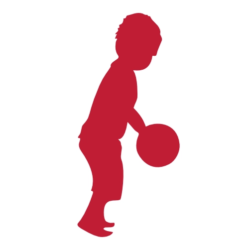 Rote Silhouette eines Kindes, das einen Basketball hält und sich in einer spielerischen Haltung befindet.