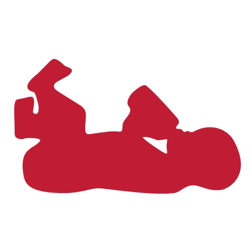 Rote Silhouette eines liegenden Babys, das eine Flasche hält und trinkt.