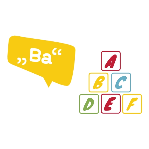 Gelbes Sprechblasen-Symbol mit dem Text 'Ba' neben einem Stapel bunter Bauklötze mit den Buchstaben A, B, C, D und E.