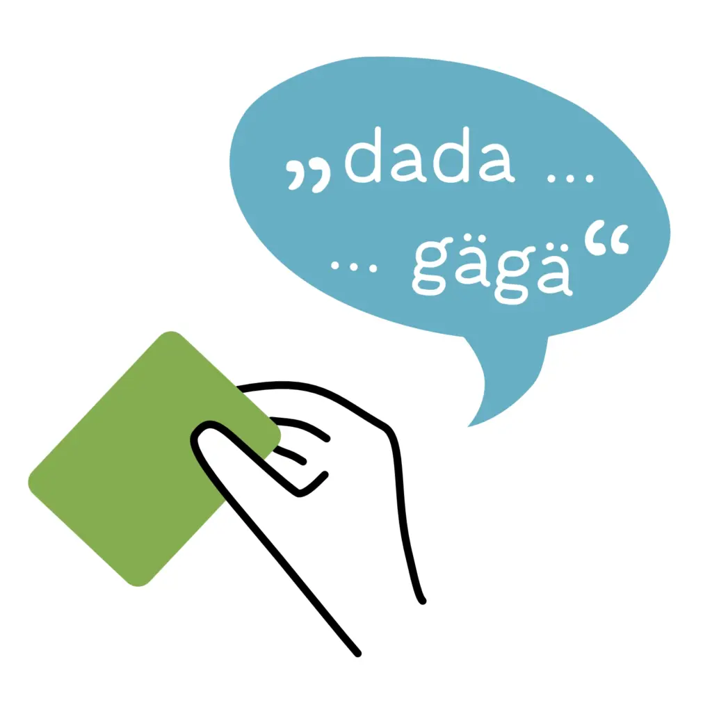 Hand hält eine grüne Karte, während eine Sprechblase mit den Worten 'dada ... ... gäge' zu sehen ist.