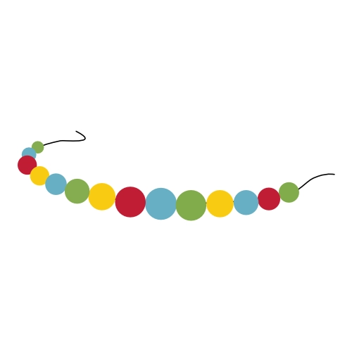 Bunte Perlenkette mit roten, blauen, gelben und grünen Perlen, die auf einem schwarzen Faden aufgereiht sind.