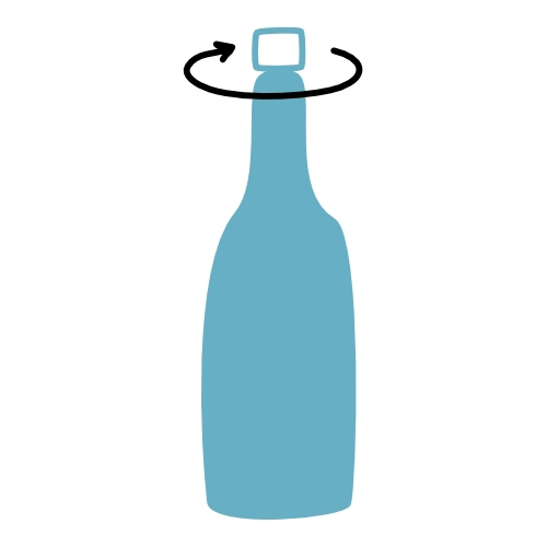 Blaues Flaschen-Symbol mit quadratischem Schraubverschluss, der sich im Uhrzeigersinn dreht.