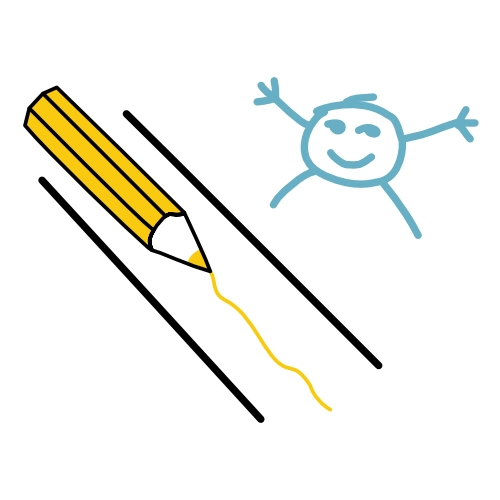 Gelber Bleistift, der eine Linie zieht, neben einer einfachen Zeichnung eines lächelnden Kindes mit ausgestreckten Armen.